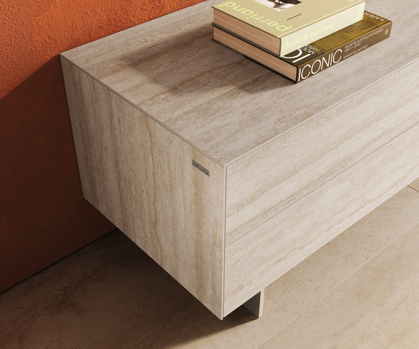 TV Stand Cuor 180cm Ceramic Travertino Bianco 1 Flap Door 2 Drawers Narrow Feet Silver