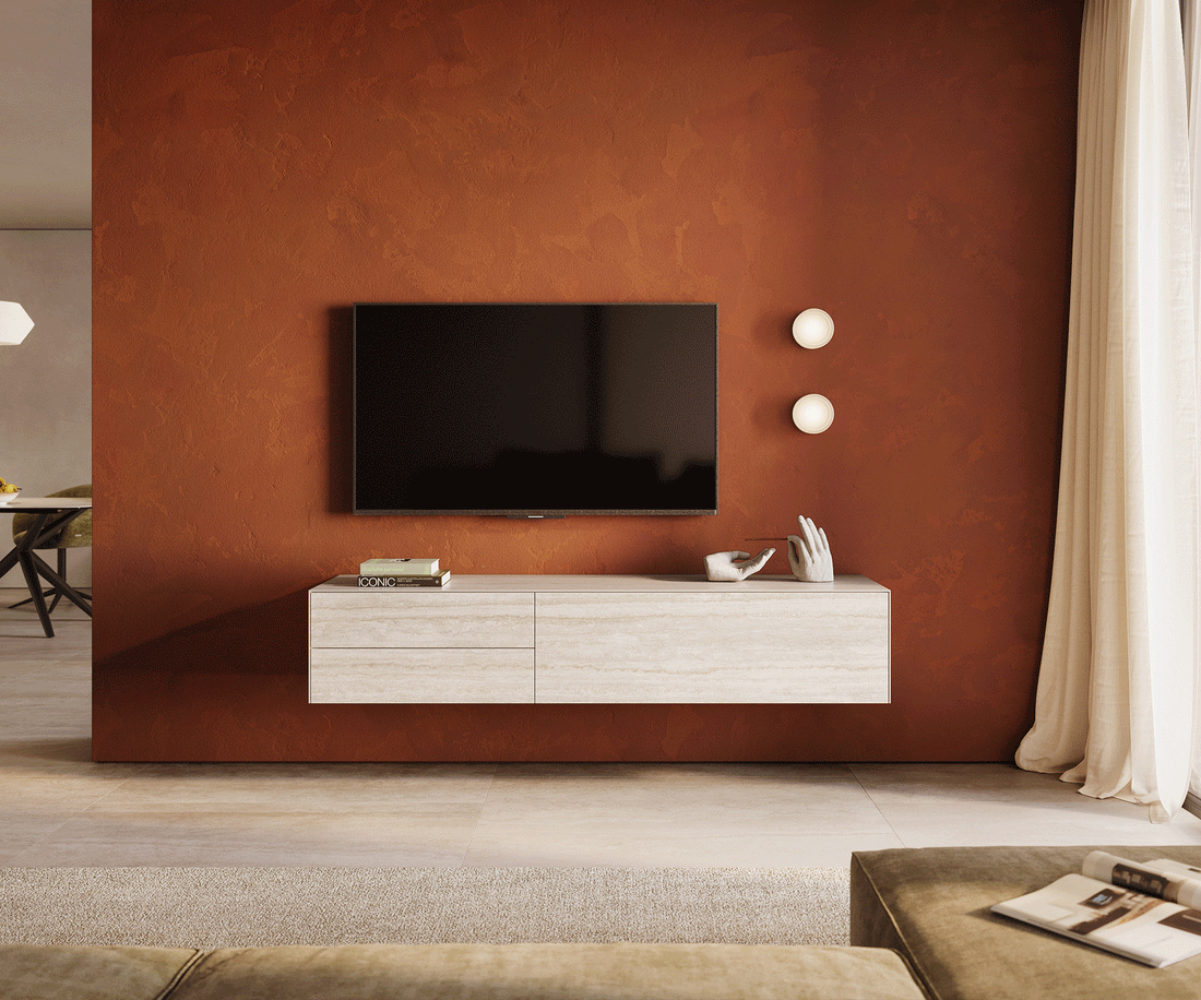 Floating TV Stand Cuor 180cm Ceramic Travertino Bianco 1 Flap Door 2 Drawers