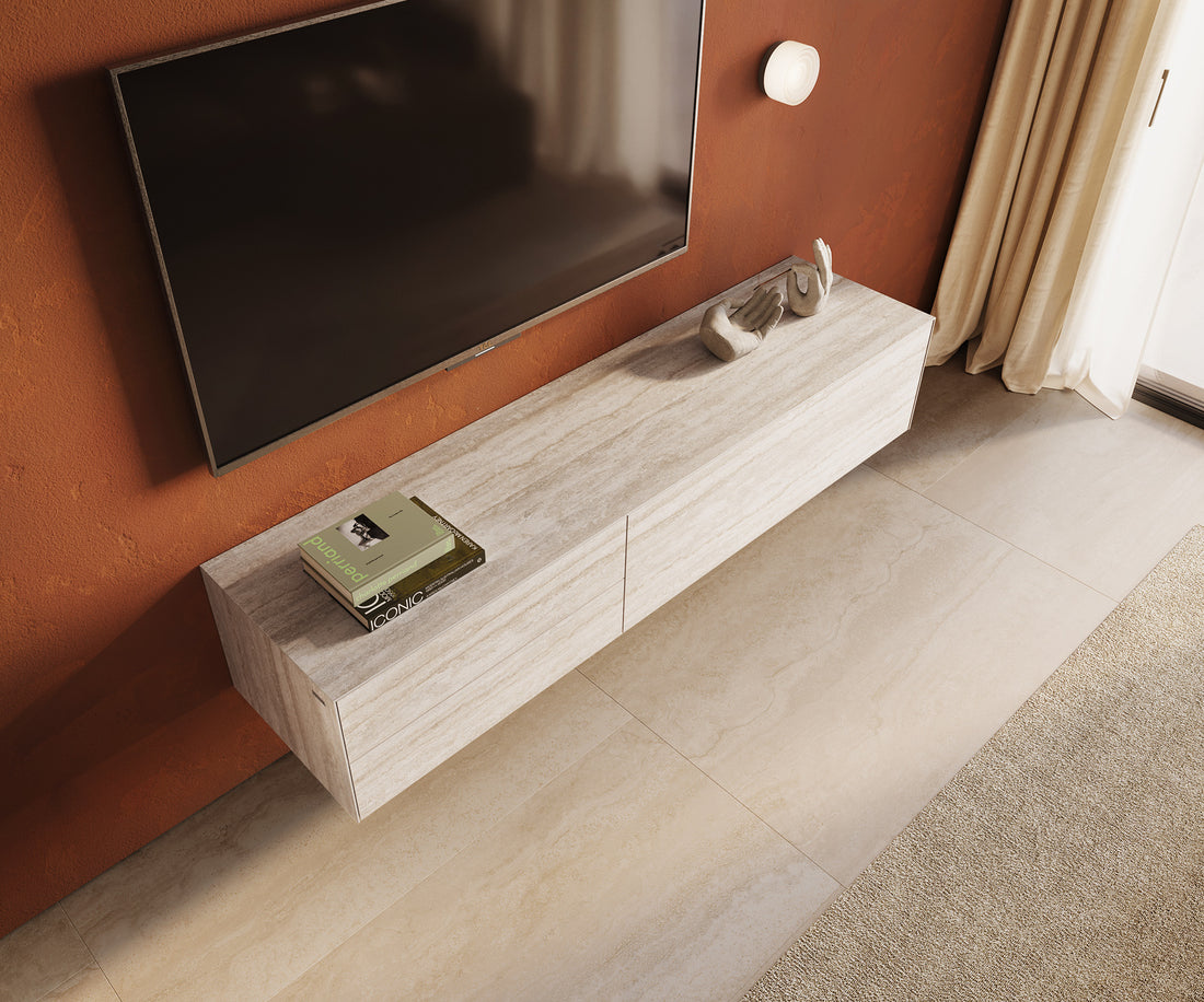 Floating TV Stand Cuor 180cm Ceramic Travertino Bianco 1 Flap Door 2 Drawers