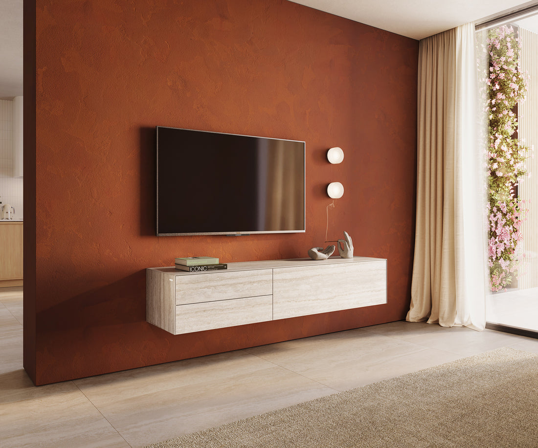 Floating TV Stand Cuor 180cm Ceramic Travertino Bianco 1 Flap Door 2 Drawers