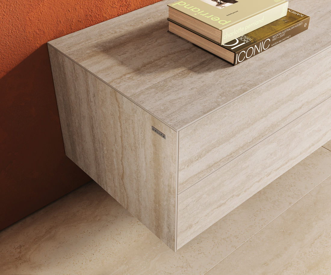 Floating TV Stand Cuor 180cm Ceramic Travertino Bianco 1 Flap Door 2 Drawers