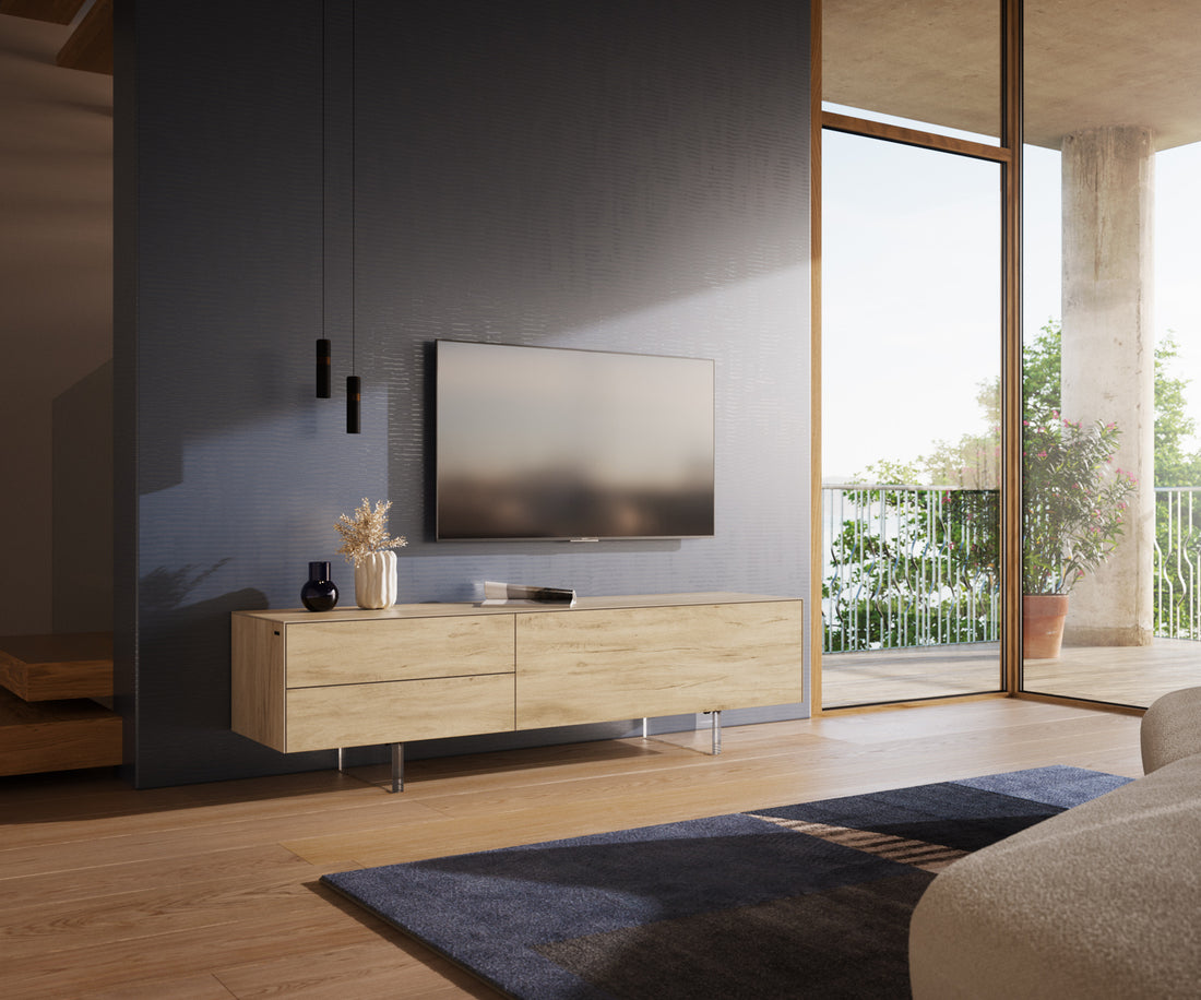 TV Stand Cuor 180cm Ceramic Sabbia Oak 1 Flap Door 2 Drawers Acryl Feet