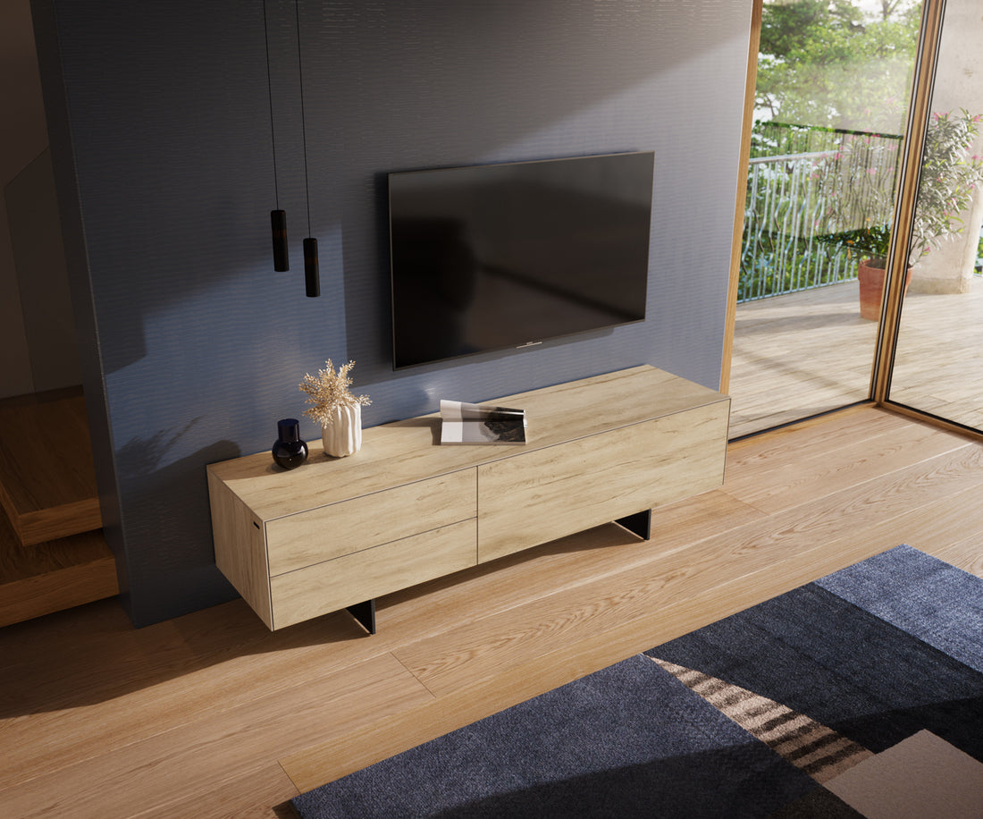 TV Stand Cuor 180cm Ceramic Sabbia Oak 1 Flap Door 2 Drawers Narrow Feet Black