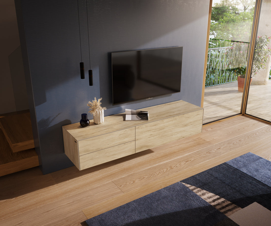 Floating TV Stand Cuor 180cm Ceramic Sabbia Oak 1 Flap Door 2 Drawers