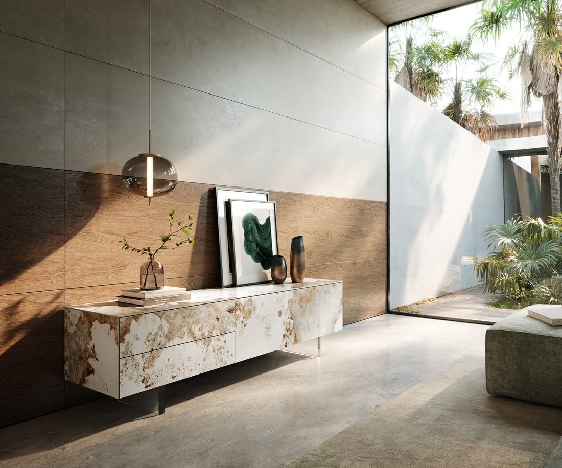 TV Stand Cuor 180cm Ceramic Minas Melange 1 Flap Door 2 Drawers Acryl Feet