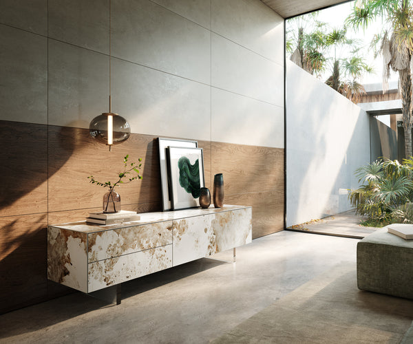 TV Stand Cuor 180cm Ceramic Minas Melange 1 Flap Door 2 Drawers Acryl Feet