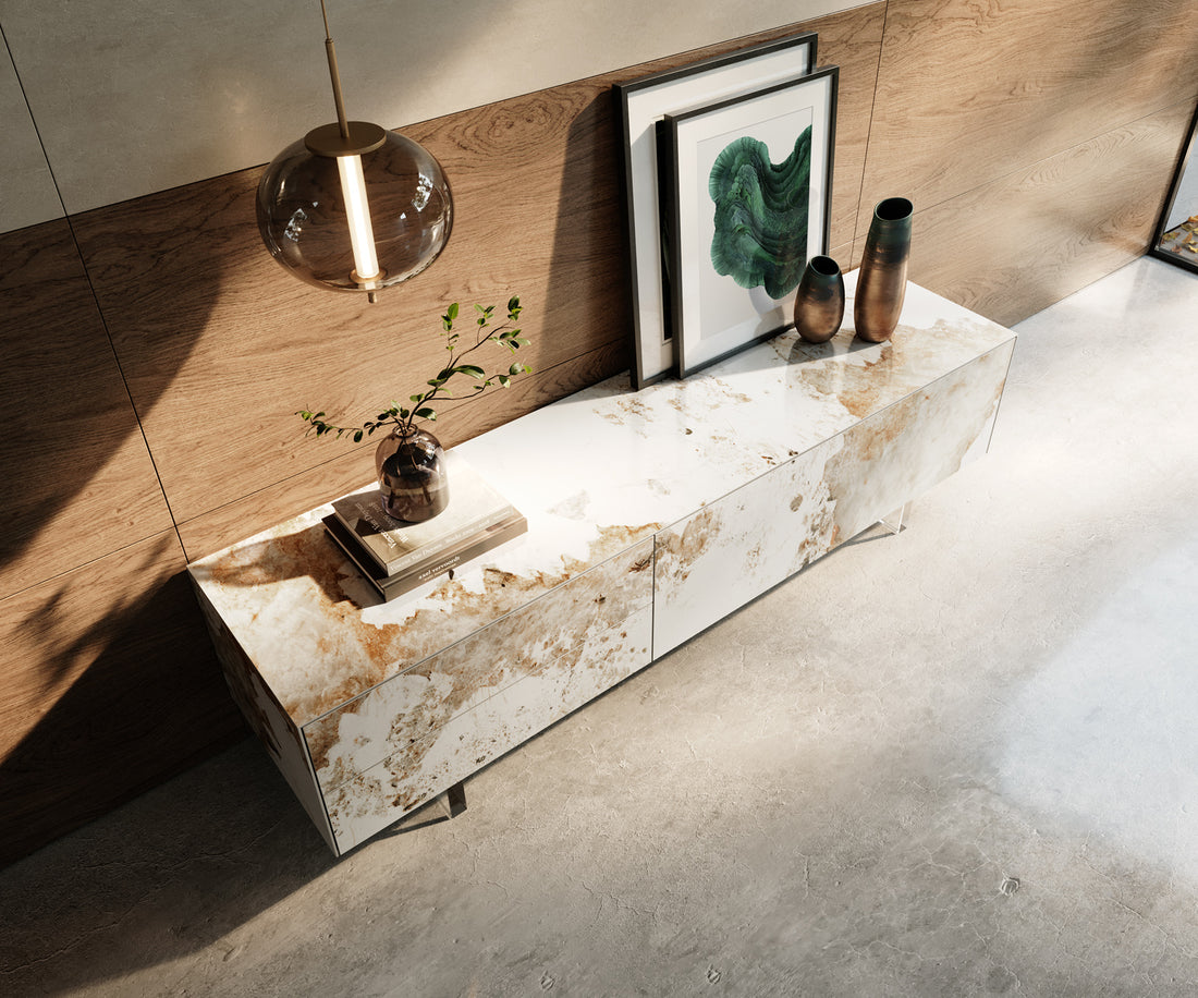 TV Stand Cuor 180cm Ceramic Minas Melange 1 Flap Door 2 Drawers Acryl Feet