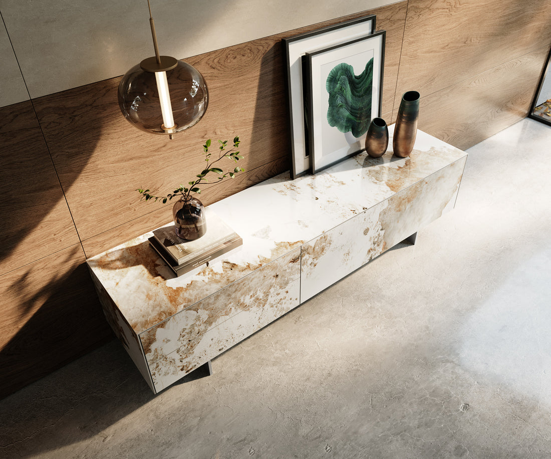 TV Stand Cuor 180cm Ceramic Minas Melange 1 Flap Door 2 Drawers Narrow Feet Silver