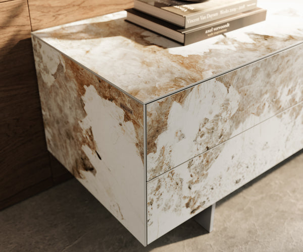 TV Stand Cuor 180cm Ceramic Minas Melange 1 Flap Door 2 Drawers Narrow Feet Silver