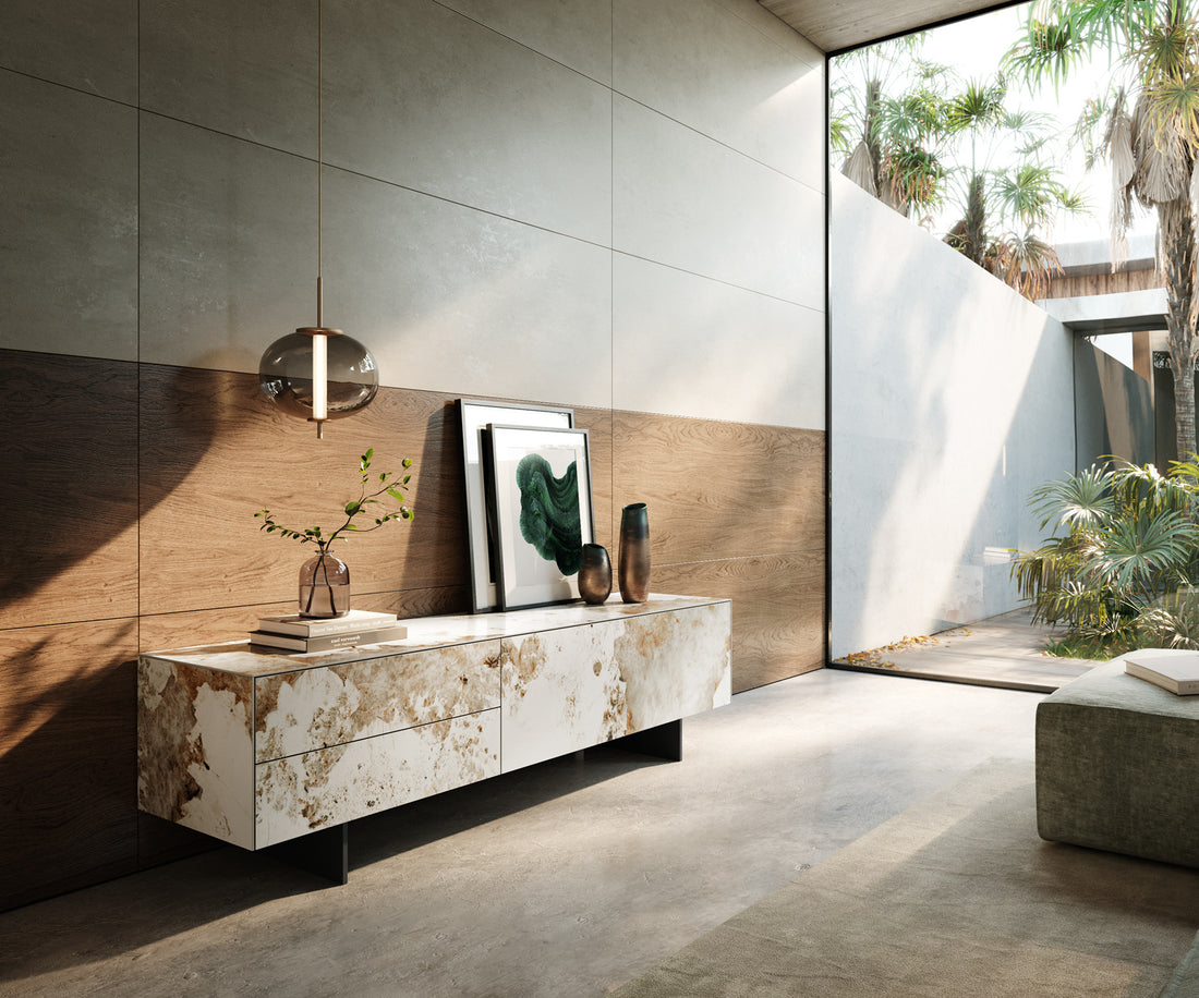 TV Stand Cuor 180cm Ceramic Minas Melange 1 Flap Door 2 Drawers Narrow Feet Black