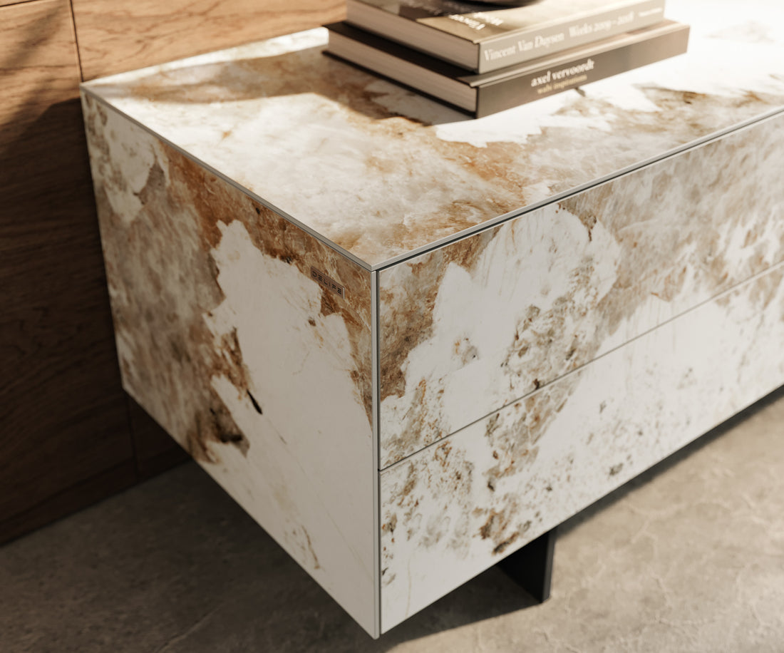 TV Stand Cuor 180cm Ceramic Minas Melange 1 Flap Door 2 Drawers Narrow Feet Black