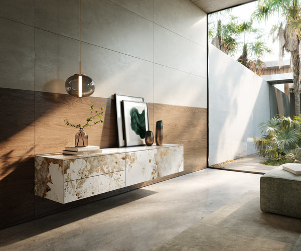 Floating TV Stand Cuor 180cm Ceramic Minas Melange 1 Flap Door 2 Drawers