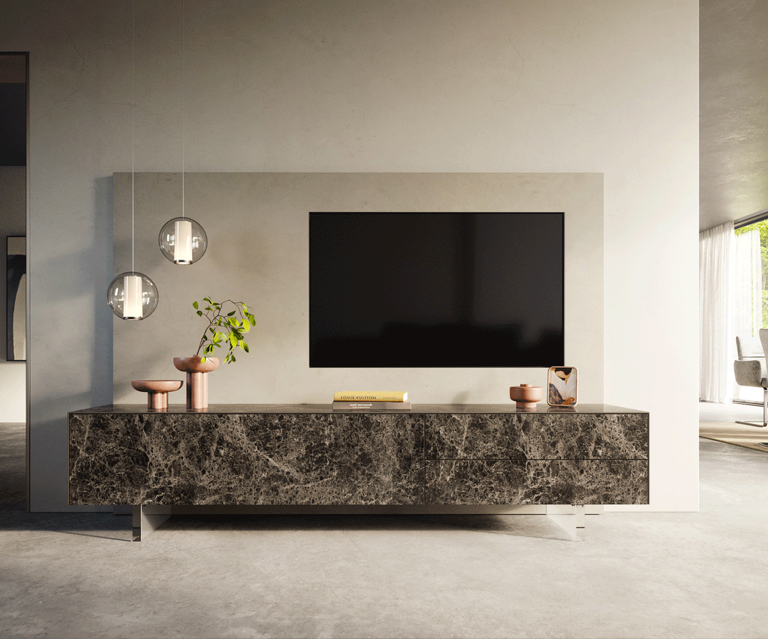 TV Stand Cuor 220cm Ceramic Emperador Extra Lucidato 1 Flap Door 2 Drawers Acryl Feet