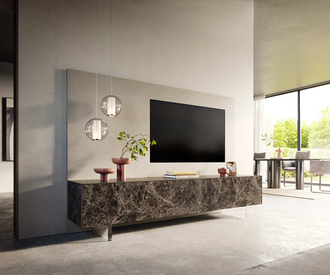 TV Stand Cuor 220cm Ceramic Emperador Extra Lucidato 1 Flap Door 2 Drawers Acryl Feet