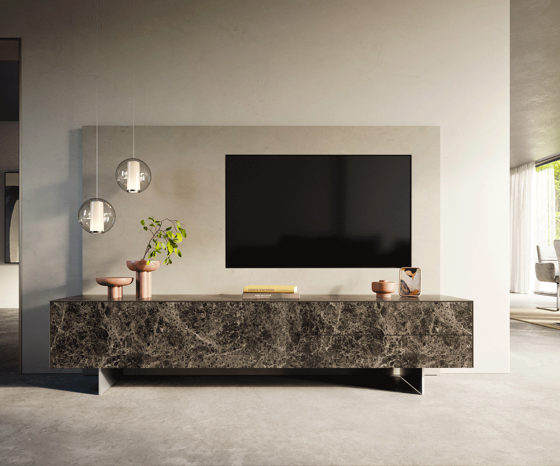 TV Stand Cuor 220cm Ceramic Emperador Extra Lucidato 1 Flap Door 2 Drawers Narrow Feet Silver