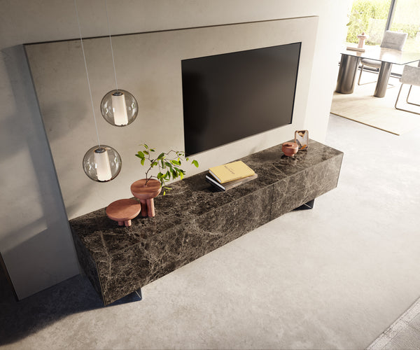 TV Stand Cuor 220cm Ceramic Emperador Extra Lucidato 1 Flap Door 2 Drawers Narrow Feet Silver