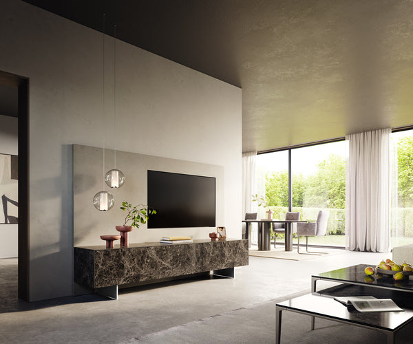 TV Stand Cuor 220cm Ceramic Emperador Extra Lucidato 1 Flap Door 2 Drawers Narrow Feet Silver