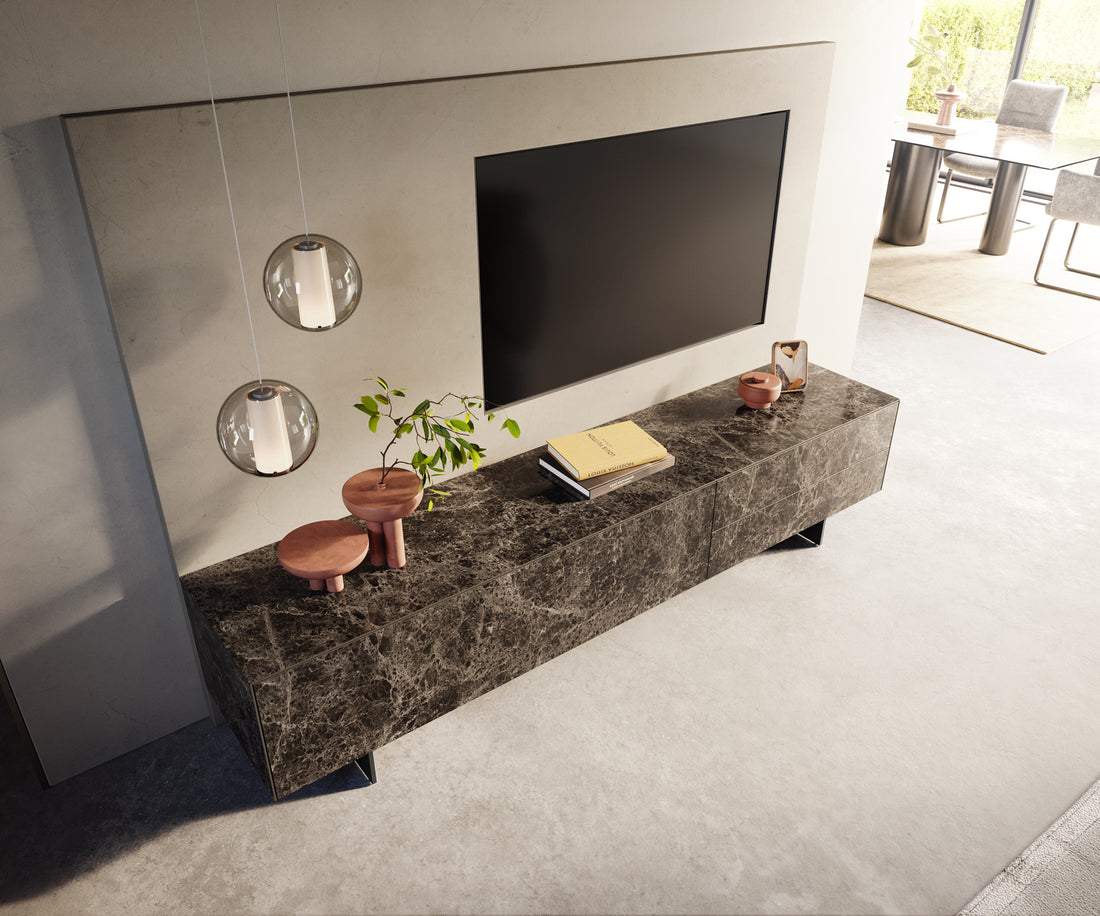 TV Stand Cuor 220cm Ceramic Emperador Extra Lucidato 1 Flap Door 2 Drawers Narrow Feet Black