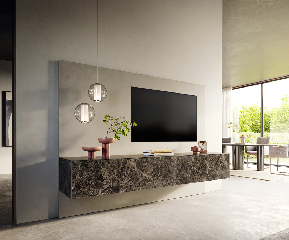 Floating TV Stand Cuor 220cm Ceramic Emperador Extra Lucidato 1 Flap Door 2 Drawers