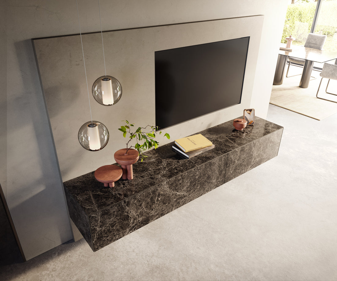 Floating TV Stand Cuor 220cm Ceramic Emperador Extra Lucidato 1 Flap Door 2 Drawers