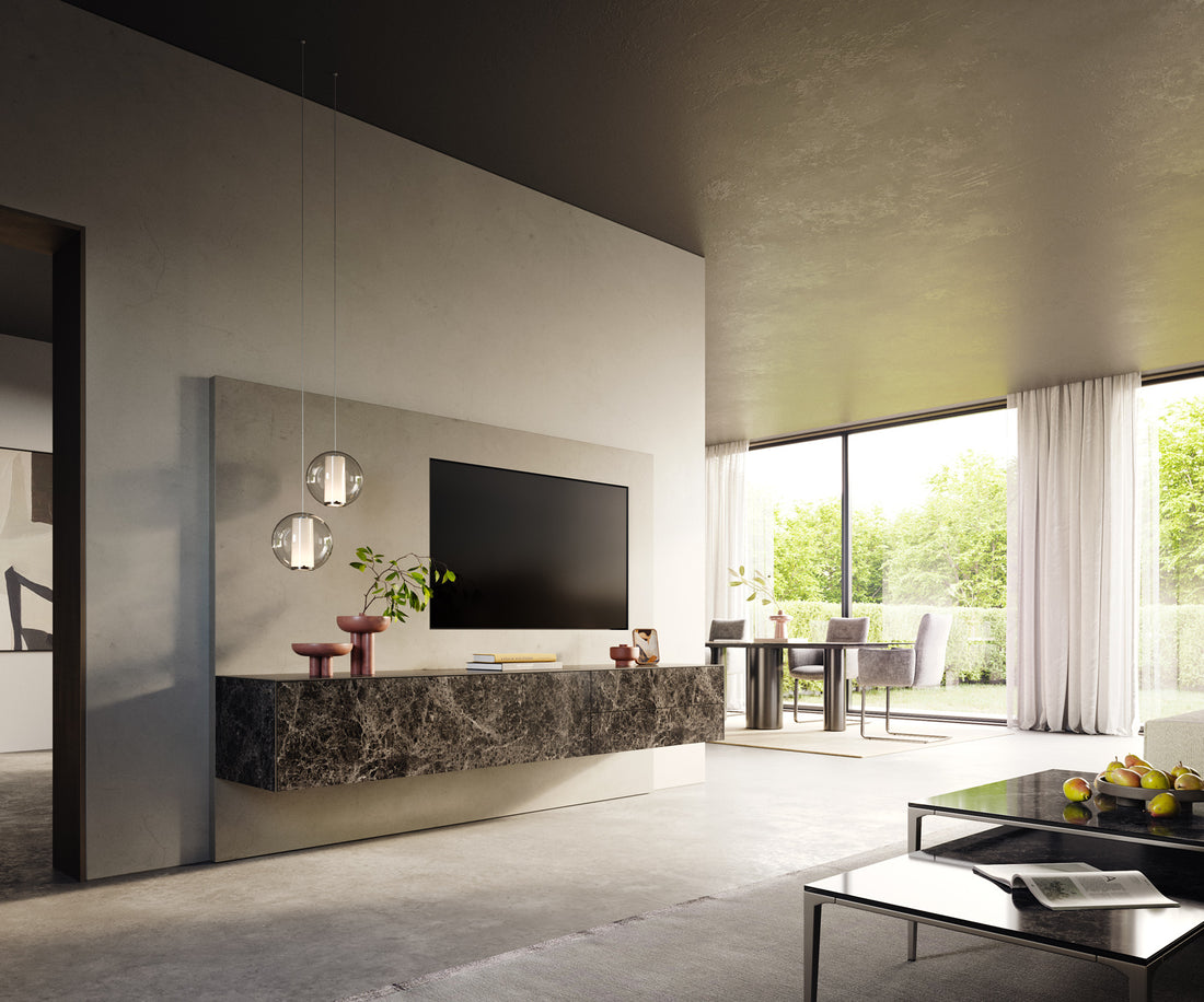 Floating TV Stand Cuor 220cm Ceramic Emperador Extra Lucidato 1 Flap Door 2 Drawers