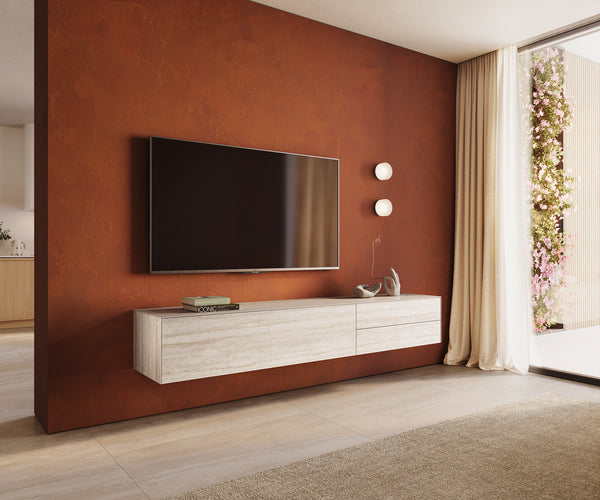 Floating TV Stand Cuor 220cm Ceramic Travertino Bianco 1 Flap Door 2 Drawers