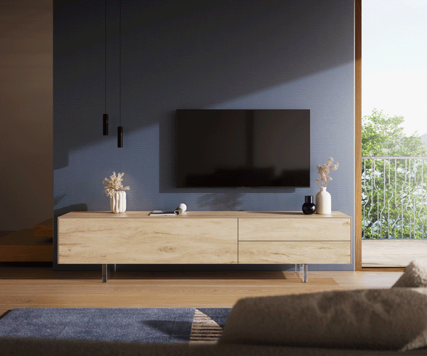 TV Stand Cuor 220cm Ceramic Sabbia Oak 1 Flap Door 2 Drawers Acryl Feet