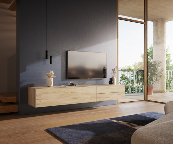 Floating TV Stand Cuor 220cm Ceramic Sabbia Oak 1 Flap Door 2 Drawers