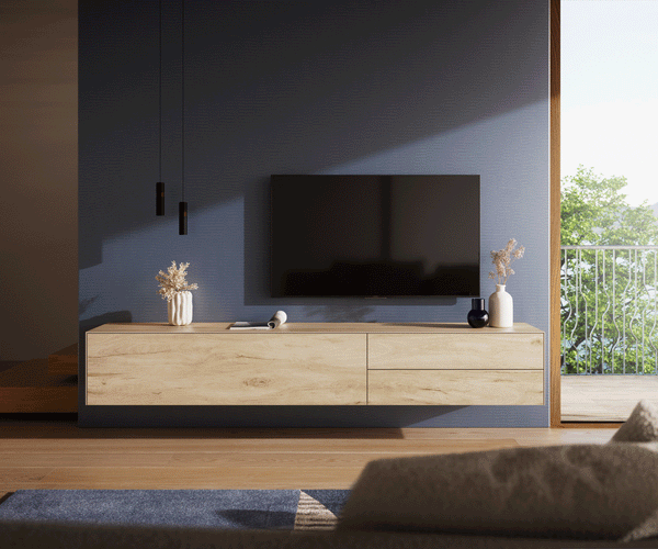Floating TV Stand Cuor 220cm Ceramic Sabbia Oak 1 Flap Door 2 Drawers