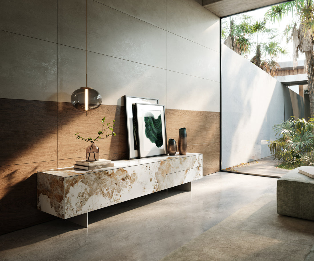 TV Stand Cuor 220cm Ceramic Minas Melange 1 Flap Door 2 Drawers Narrow Feet Silver