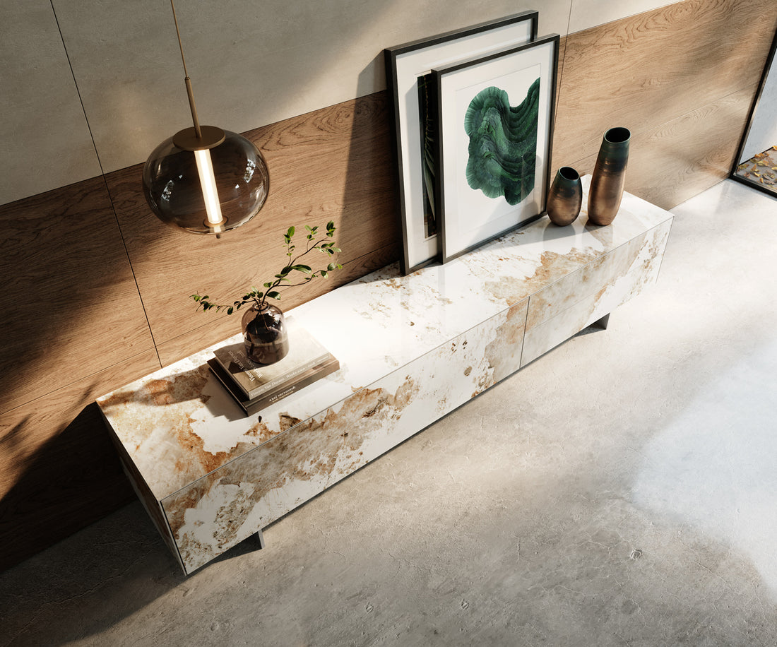 TV Stand Cuor 220cm Ceramic Minas Melange 1 Flap Door 2 Drawers Narrow Feet Silver