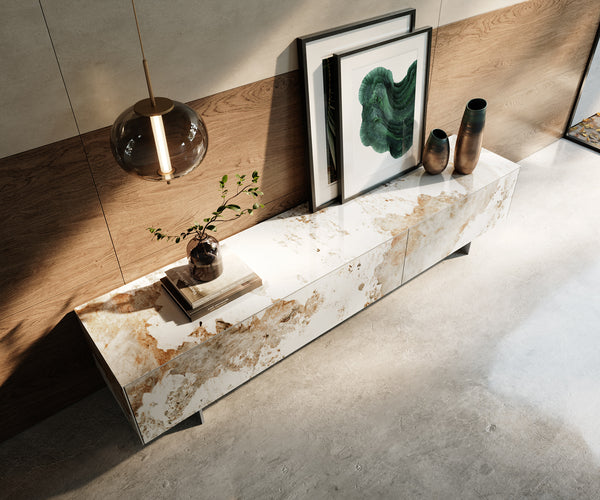 TV Stand Cuor 220cm Ceramic Minas Melange 1 Flap Door 2 Drawers Narrow Feet Silver