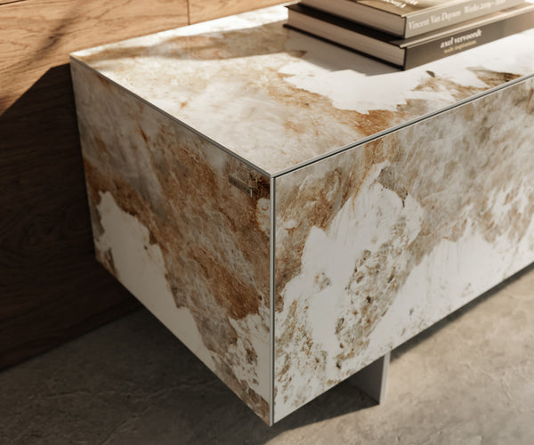 TV Stand Cuor 220cm Ceramic Minas Melange 1 Flap Door 2 Drawers Narrow Feet Silver