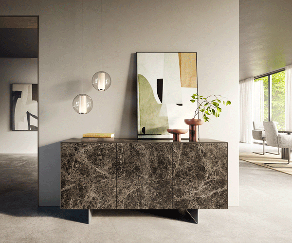 Sideboard Cuor 150cm Ceramic Emperador Extra Lucidato 3 Doors Narrow Feet Silver