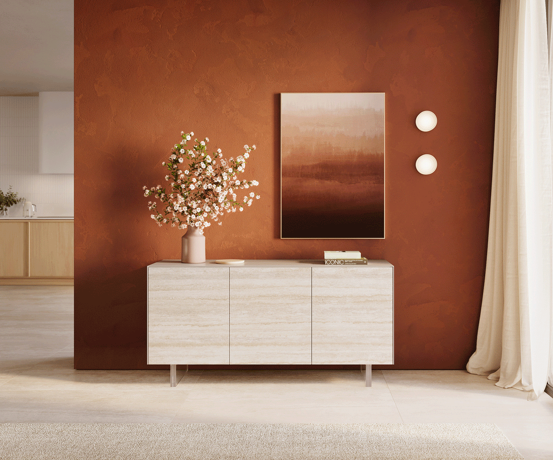 Sideboard Cuor 150cm Ceramic Travertino Bianco 3 Doors Acryl Feet