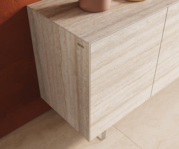 Sideboard Cuor 150cm Ceramic Travertino Bianco 3 Doors Acryl Feet