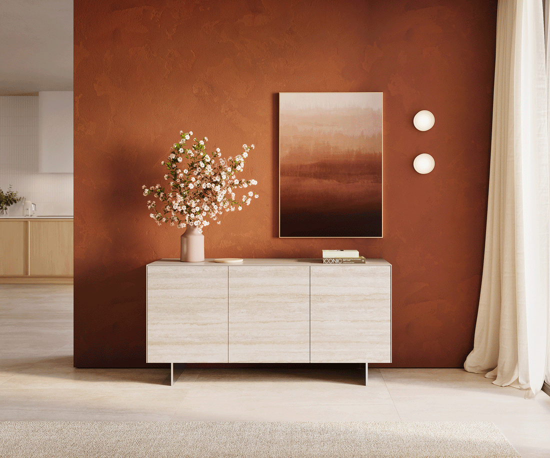 Sideboard Cuor 150cm Ceramic Travertino Bianco 3 Doors Narrow Feet Silver