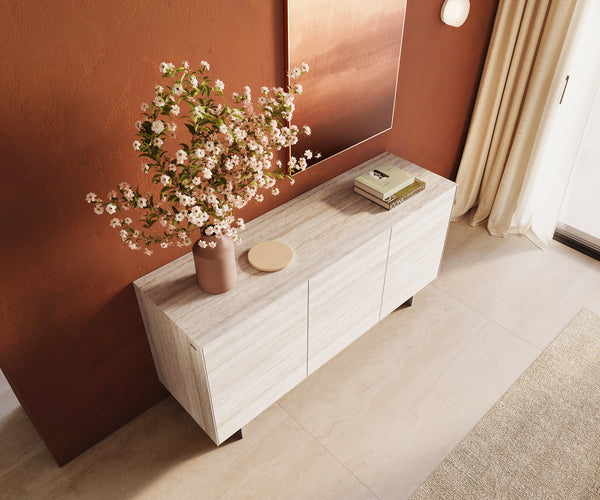 Sideboard Cuor 150cm Ceramic Travertino Bianco 3 Doors Narrow Feet Silver