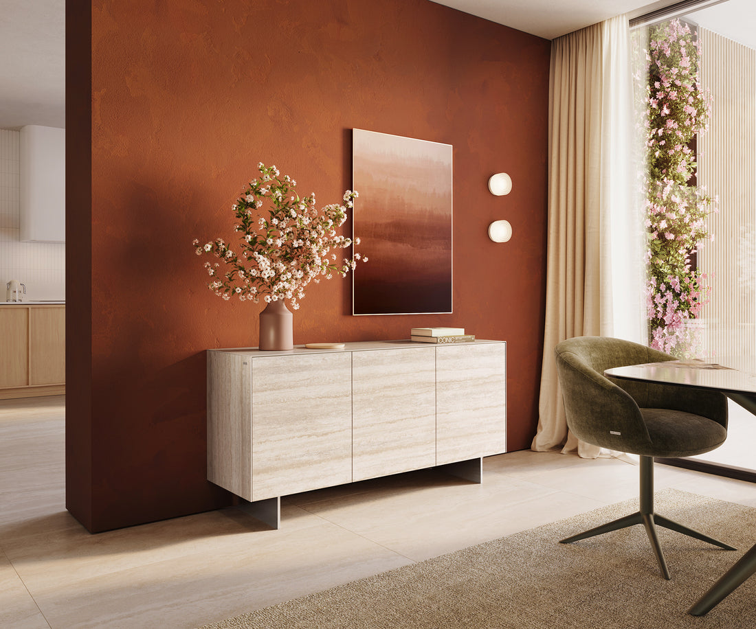 Sideboard Cuor 150cm Ceramic Travertino Bianco 3 Doors Narrow Feet Silver