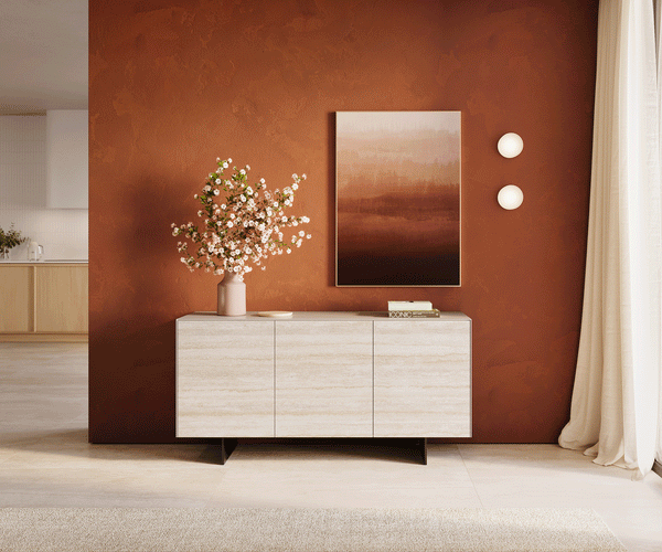 Sideboard Cuor 150cm Ceramic Travertino Bianco 3 Doors Narrow Feet Black