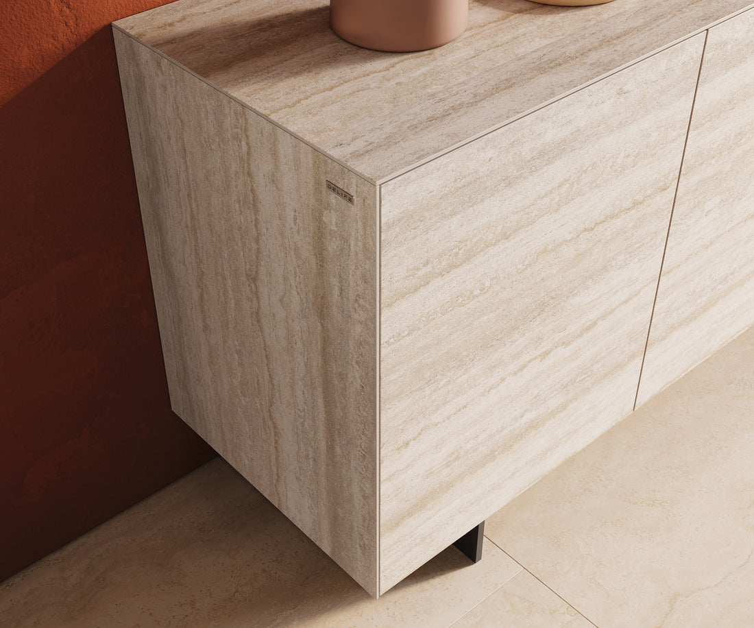 Sideboard Cuor 150cm Ceramic Travertino Bianco 3 Doors Narrow Feet Black
