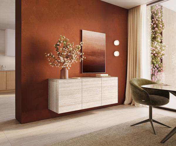 Floating Sideboard Cuor 150cm Ceramic Travertino Bianco 3 Doors