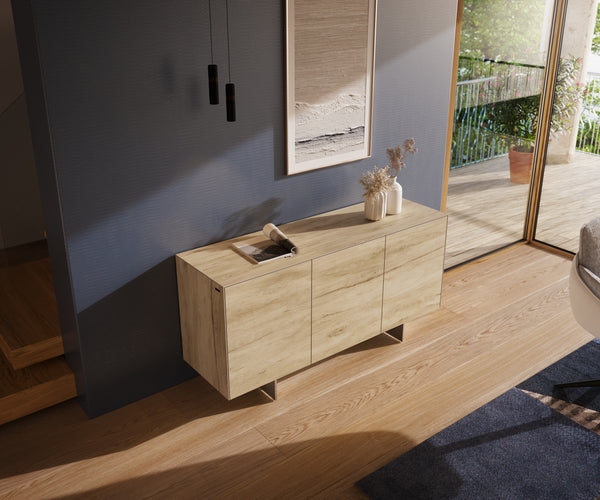 Sideboard Cuor 150cm Ceramic Sabbia Oak 3 Doors Narrow Feet Silver