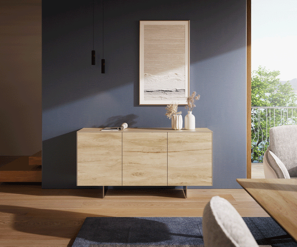 Sideboard Cuor 150cm Ceramic Sabbia Oak 3 Doors Narrow Feet Silver