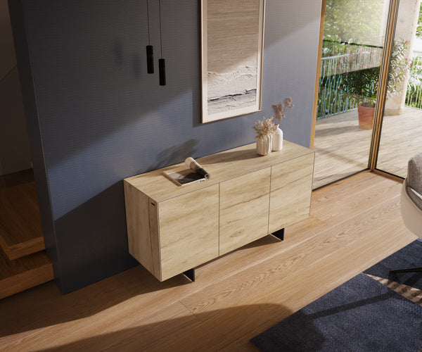 Sideboard Cuor 150cm Ceramic Sabbia Oak 3 Doors Narrow Feet Black