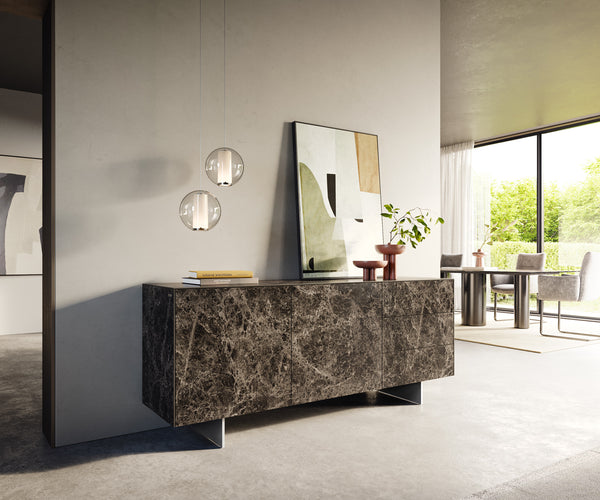 Sideboard Cuor 180cm Ceramic Emperador Extra Lucidato 2 Doors 3 Drawers Narrow Feet Silver