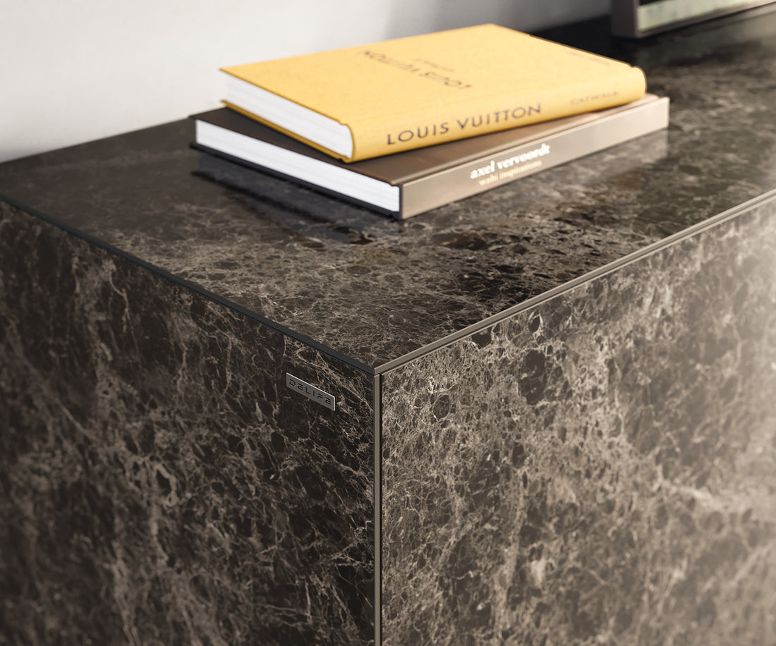 Sideboard Cuor 180cm Ceramic Emperador Extra Lucidato 2 Doors 3 Drawers Narrow Feet Silver
