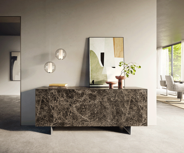 Sideboard Cuor 180cm Ceramic Emperador Extra Lucidato 2 Doors 3 Drawers Narrow Feet Silver