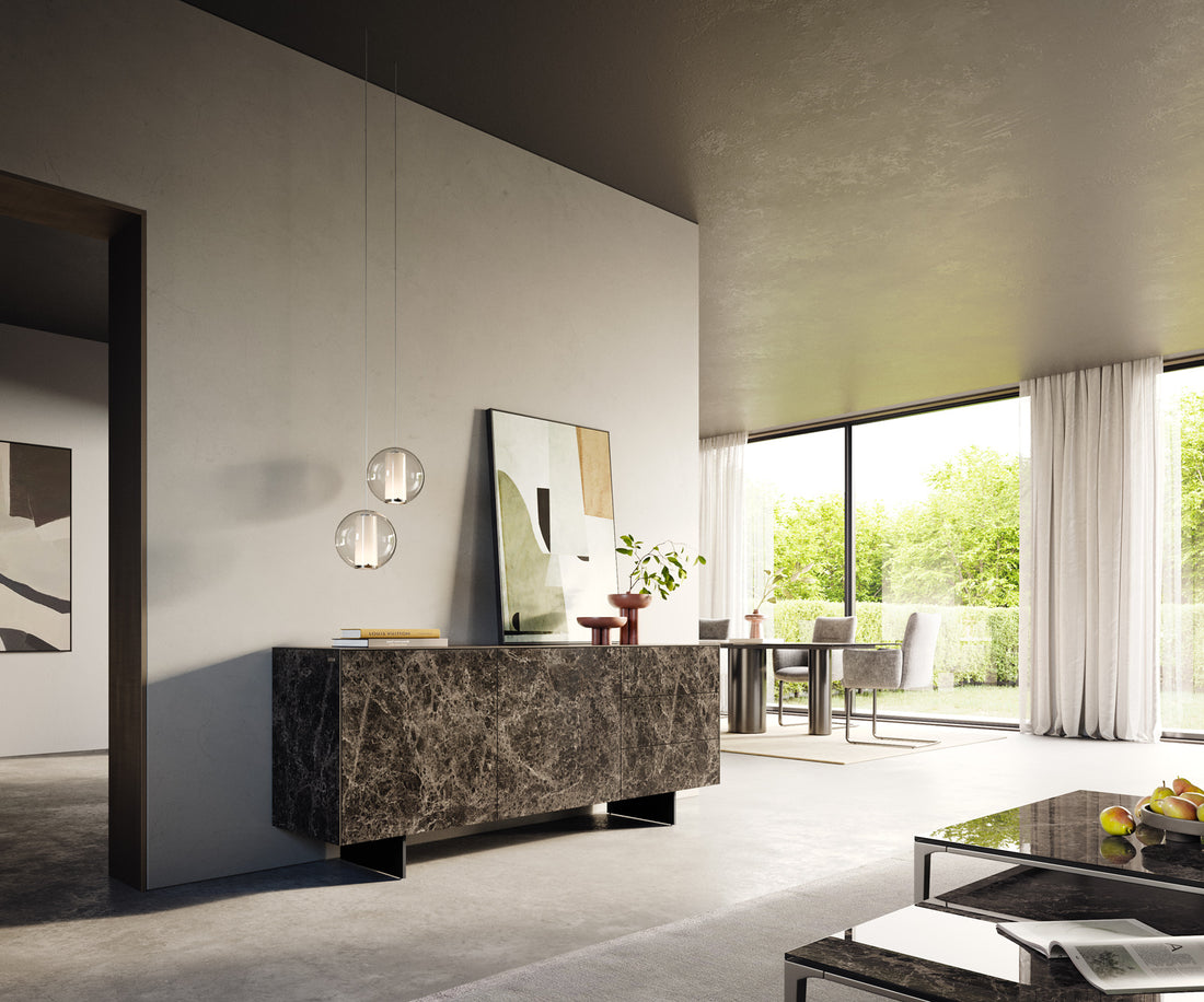 Sideboard Cuor 180cm Ceramic Emperador Extra Lucidato 2 Doors 3 Drawers Narrow Feet Black