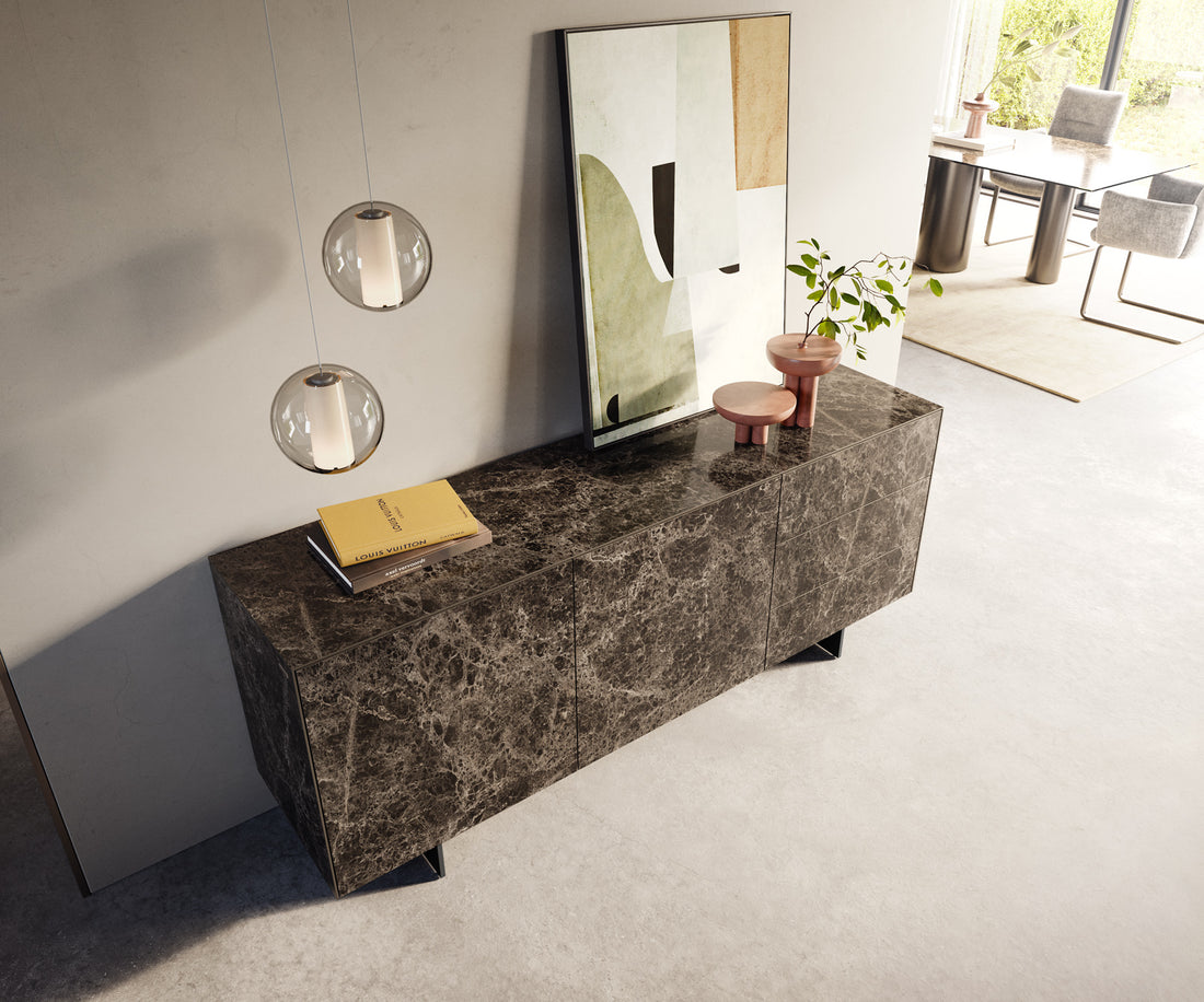 Sideboard Cuor 180cm Ceramic Emperador Extra Lucidato 2 Doors 3 Drawers Narrow Feet Black